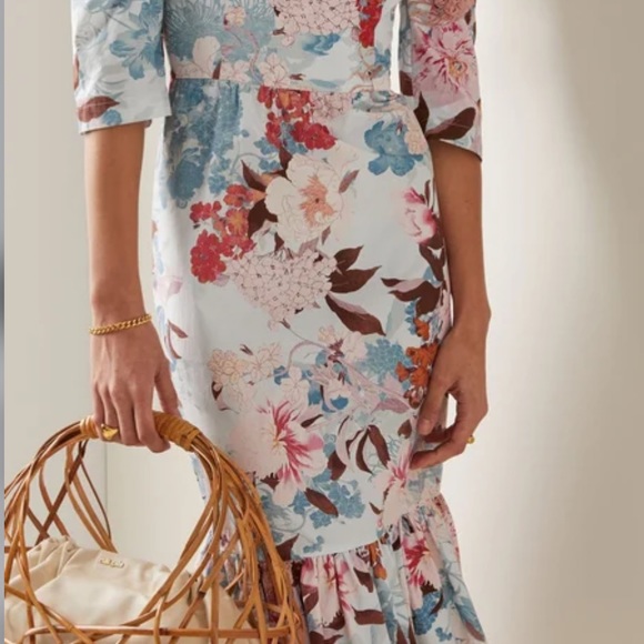NWT Cara Cara Busy Puff-Sleeve Midi-Dress Japanese Floral blue - Picture 11 of 14